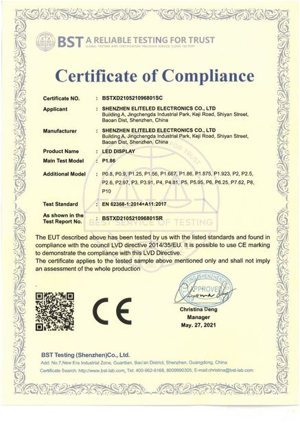 China Shenzhen EliteLED Electronics Co.,Ltd certification